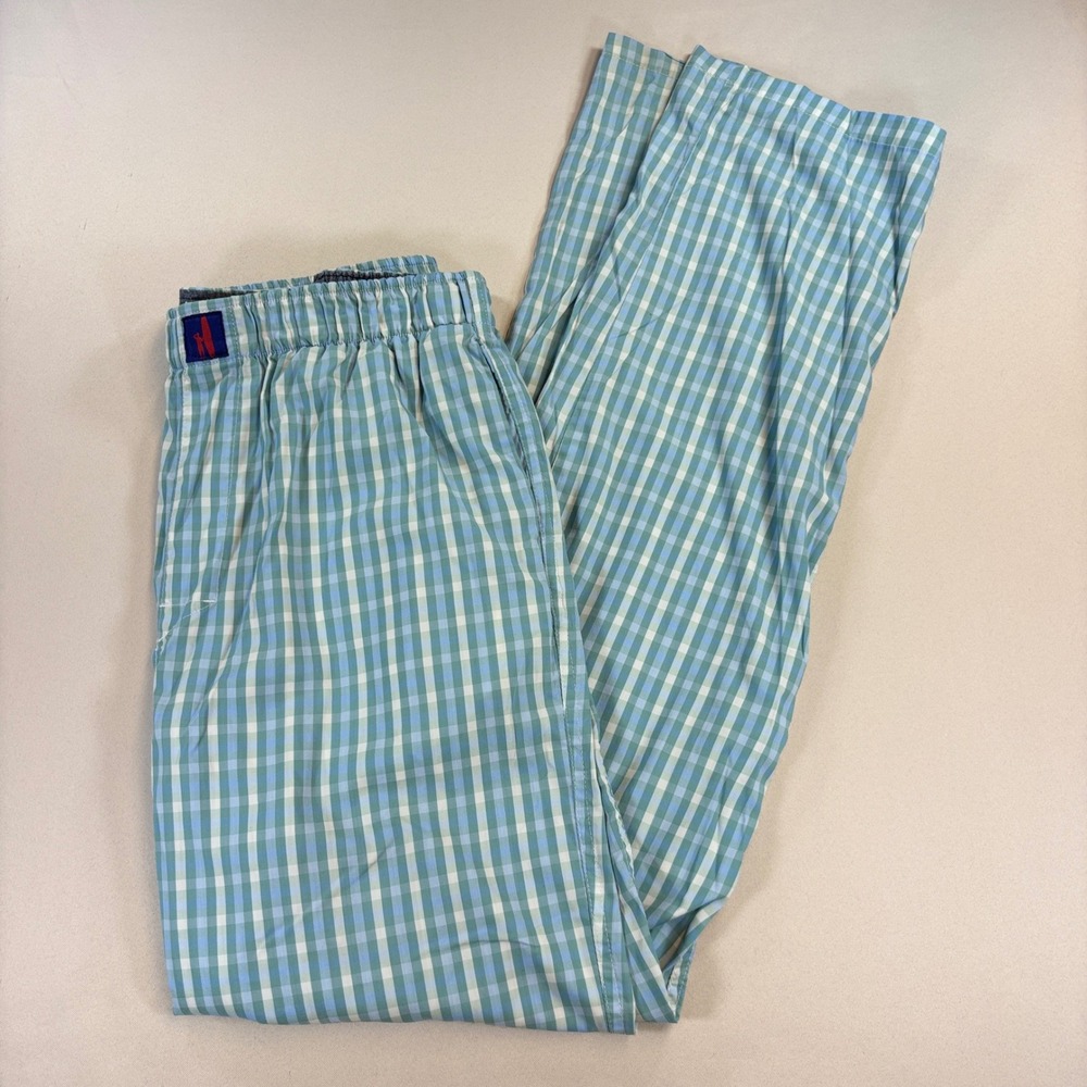 johnnie-O Pajama Pants Mens Medium Blue Green Gingham Bamboo Blend Lounge Sleep